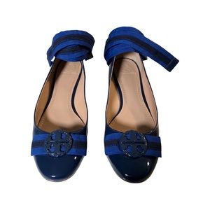 Tory Burch Maritime Ankle-Wrap Ballet, Patent Navy Sea, 7.5